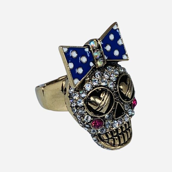 Betsey Johnson Sugar Skull Ring Sz 7 Crystal Stretch Ivy League Polka Dot - Picture 6 of 14